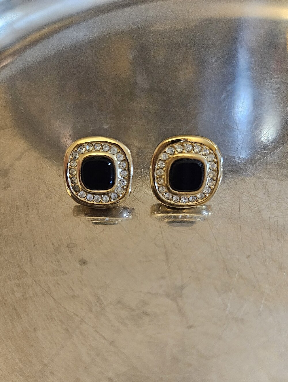 Christian Dior Gold-Tone Black Center Crystal Stud Earrings - Women's Jewelry